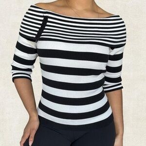 White House Black Market Black & White Striped Off-the-Shoulder Sweater